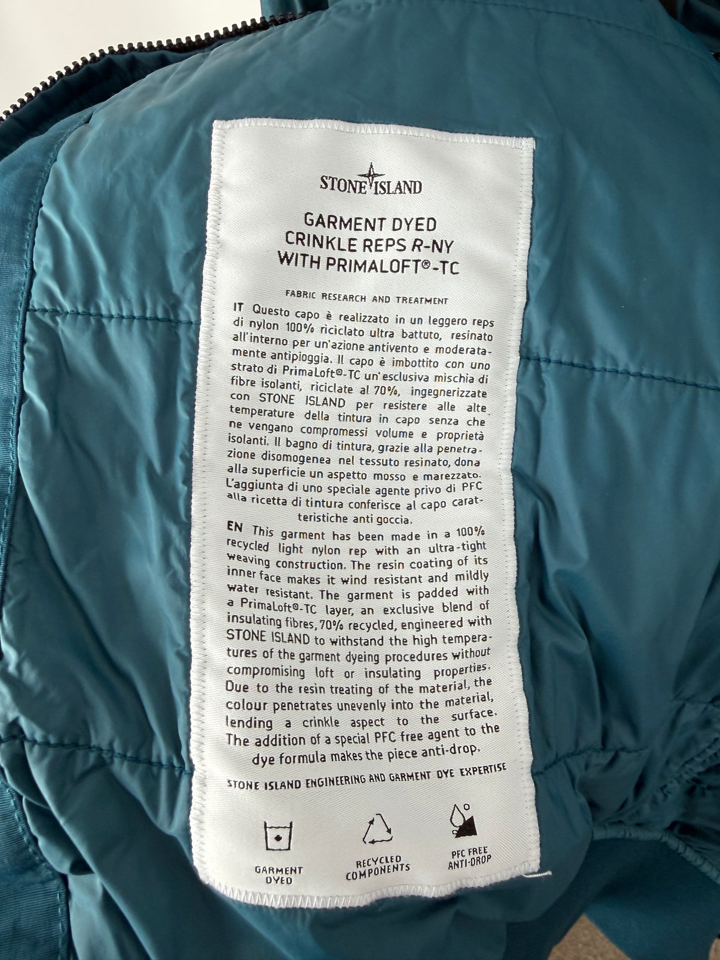 Stone Island Garment Dyed Crinkle Reps R-NY Primaloft TC Bomber Jacket
